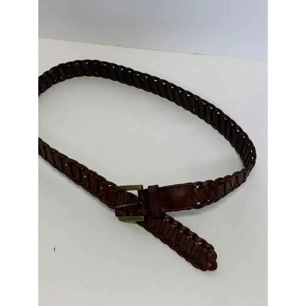 Vintage Mens Brass Buckle Woven Chain Leather‎ Belt Size M/L Made in India